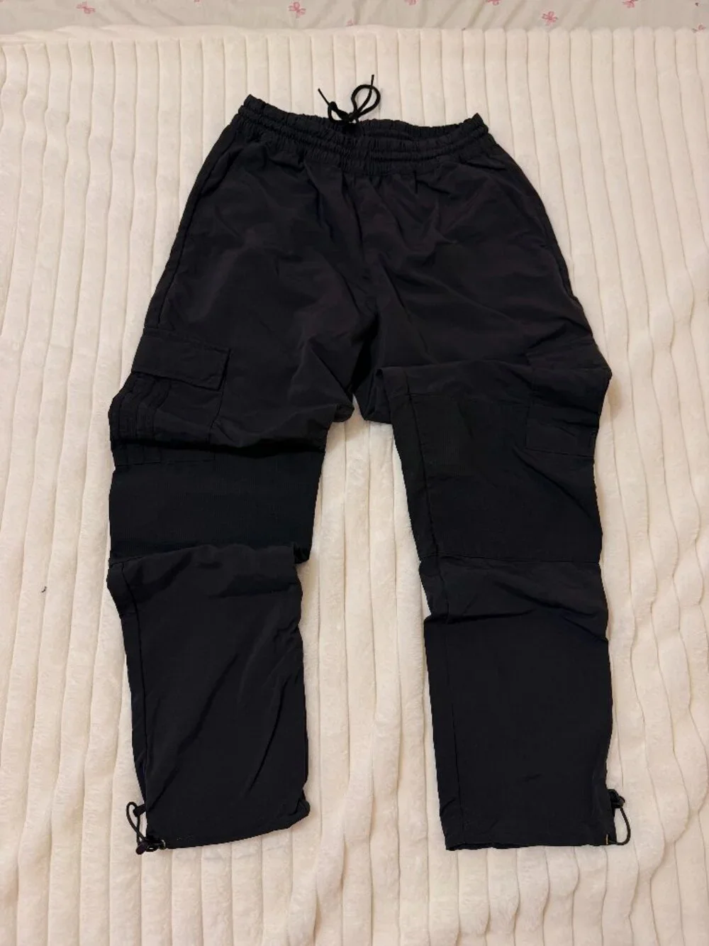 Black Cargo Parachute Pants Utility Drawstring Streetwear